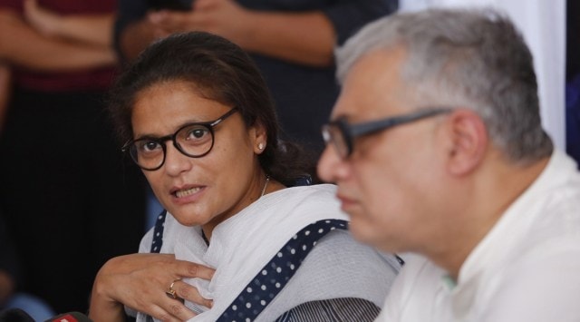 Sushmita Dev with TMC leader Derek O Brien at a press conference. (Express photo by Anil Sharma/File)

