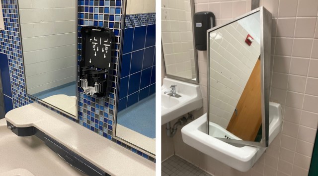 A two photo combo of photos provided by the North East Side School District of vandalism in restrooms at the MacArthur High School in the North East Independent School District in San Antonio, Texas. (North East Side School District via The New York Times)