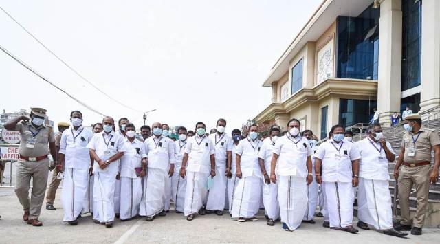 AIADMK MLAs outside Assembly on Monday: while it backed move, party blamed government for the suicides. (PTI)