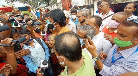 Members of local media rights body speak to media after meeting Tripura Police IG Arindam Nath in Agartala on Thursday. (Express photo:Debraj Deb)
