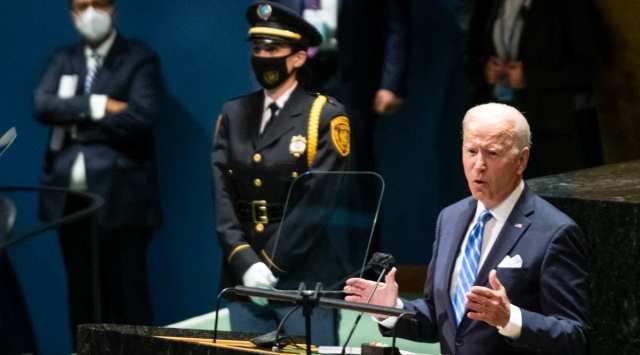President Joe Biden addresses the 76th Session of the United Nations General Assembly at the UN headquarters in New York, Sept. 21, 2021. (Doug Mills/The New York Times)