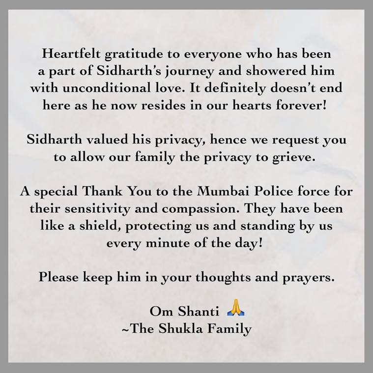 sidharth shukla family statement