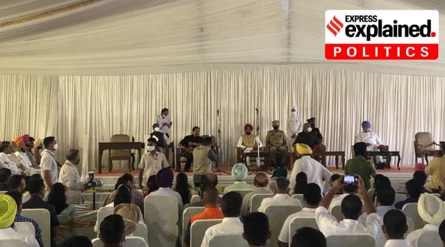 Governor, CM and Deputy CMs on stage during the oath taking ceremony at Punjab Raj Bhawan