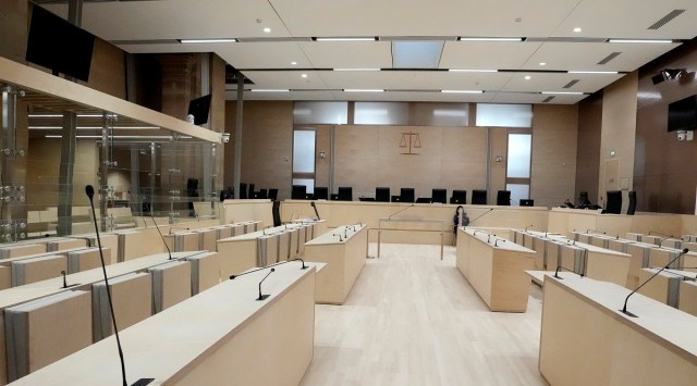 The specially built courtroom at the court house in Paris where 20 accused in the 2015 attacks will be tried. (AP)