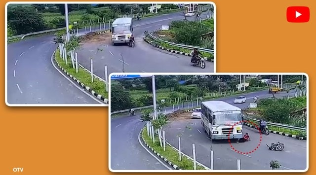 Gujarat, Gujarat biker viral video, Man Escapes Unhurt Run Over Bus Gujarat Dahod, bus viral video, trending, indian express, indian express news