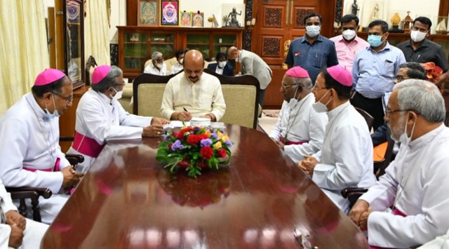 The bishops during a meeting with Karnataka CM Basavaraj Bommai on Wednesday. (Express Photo) 