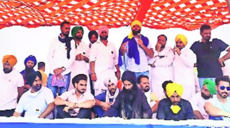 Singers Kulwinder Billa, Rajvir Jawanda and Kanwar Garewal during a protest by Punjabi artistes at Batala on September 28, 2020.  (Express photo)