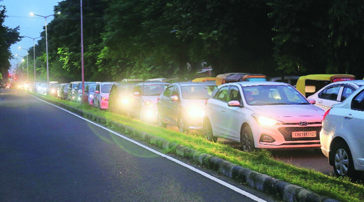 Traffic comes to a standstill in Chandigarh on Wednesday after the first day of the air show. (Photo: Jasbir Malhi)