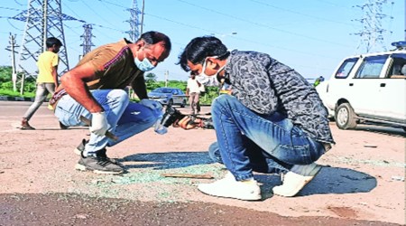A forensics team collects evidence from the spot on Monday. Express  photo