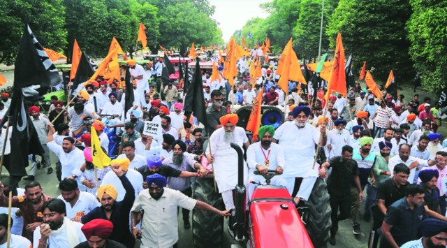 SAD president Sukhbir Singh Badal during the tractor march in Chandigarh  on 
Wednesday.  Photo: Jasbir Malhi 