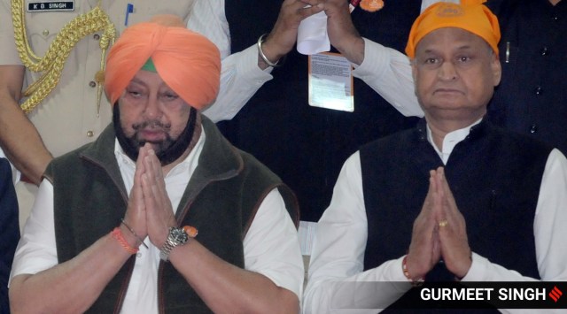 Captain Amarinder Singh and Ashok Gehlot at Ber Sahib Gurudwara in Sultanpur Lodhi in Kapurthala in 2019 (Express Photo/Gurmeet Singh)