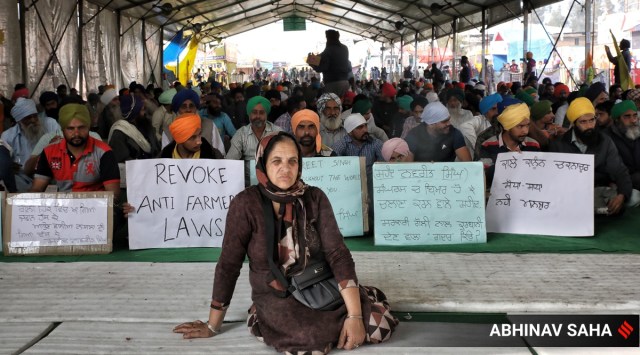 Farmers in protest against the new Farm Bill at Singhu Border on February 09, 2021. (Express photo/Abhinav Saha)