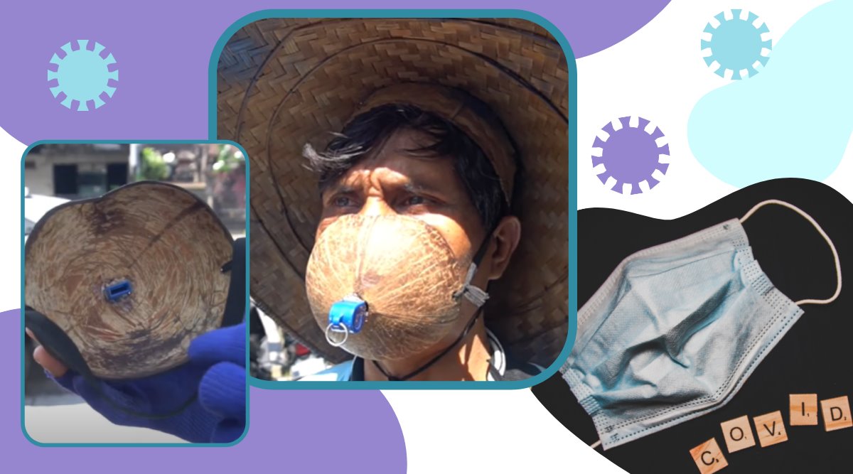 weird face masks, coconut shell face mask, bali man coconut mask, covid 19 facemask coconut, indonesia push up punishment covid, viral news, indian express