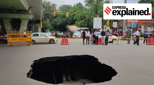 Delhi, Delhi news, Delhi road cave in, Delhi monsoon, Delhi rains, Indian Express