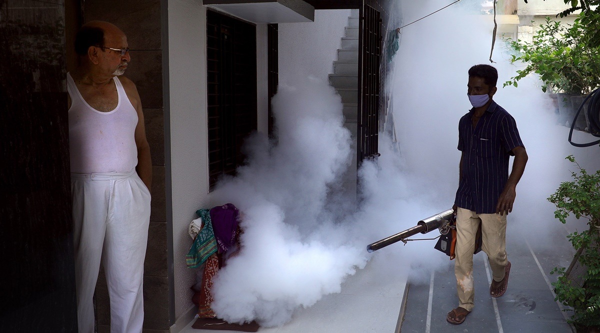 Fumigation drive at a residential society. (Express photo by Nirmal Harindran/Representational)