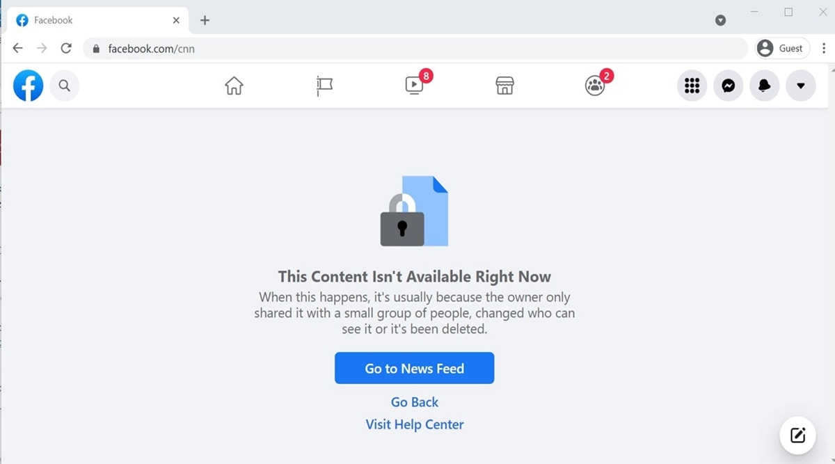 CNN's main Facebook page shows an error message when accessed from Australia, as seen in this screen capture taken Sept. 29, 2021. (Reuters)