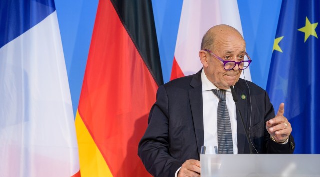 French Foreign Minister Jean-Yves Le Drian attends a joint news conference at the Bauhaus University in Weimar, Germany on Sept.10, 2021. (Reuters)