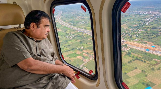 Union Minister for Road Transport and Highways Nitin Gadkari during inspection of Delhi-Mumbai Expressway in the Dausa, Rajasthan region. (PTI Photo)