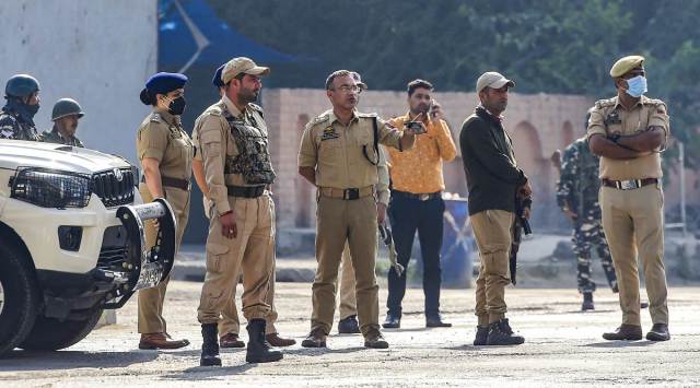 Heavy security near Syed Ali Shah Geelani’s house in Hyderpora, Srinagar, Thursday. (PTI)