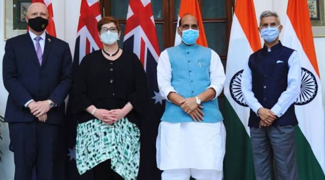 External Affairs Minister S Jaishankar and Defence Minister Rajnath Singh with their Australian counterparts Marise Payne and Peter Dutton respectively. (Photo: Twitter @DrSJaishankar)
