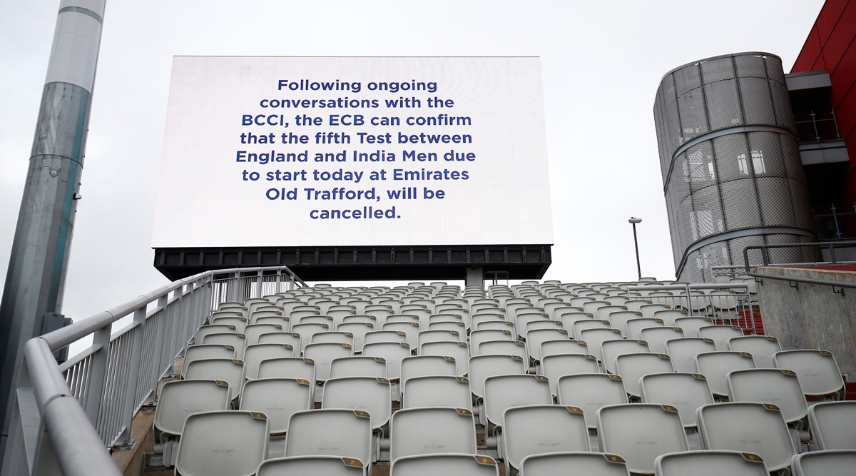 A message is seen displayed on a big screen after the cancellation of the fifth Test between India and England. (Reuters)