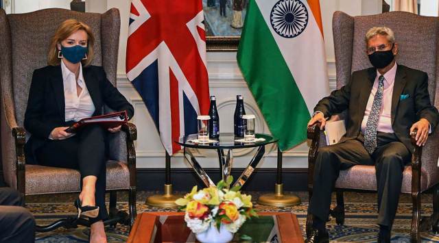 External Affairs Minister S Jaishankar with UK Foreign Secretary Liz Truss in New York. (PTI)