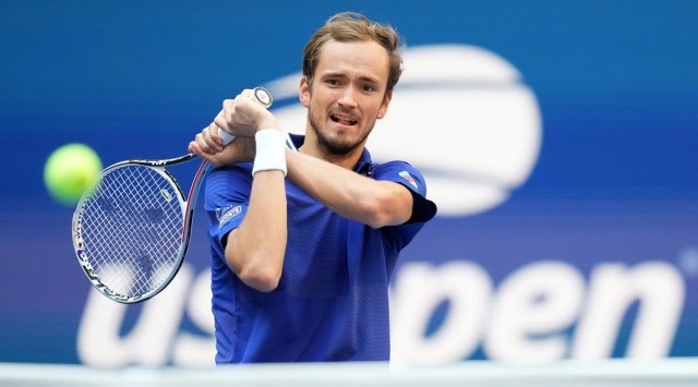 Daniil Medvedev hits a backhand during his US Open semi-final. (USA Today)