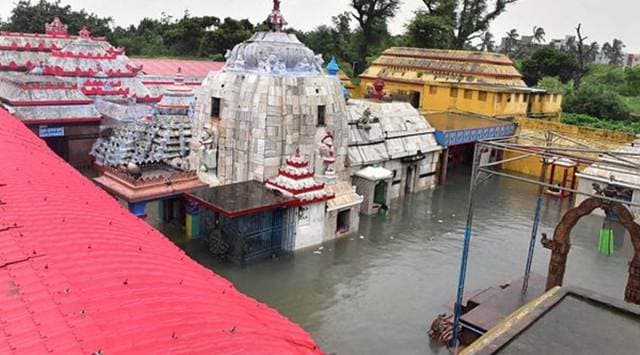 The flooded Loknath temple in Puri, Monday. (PTI)
