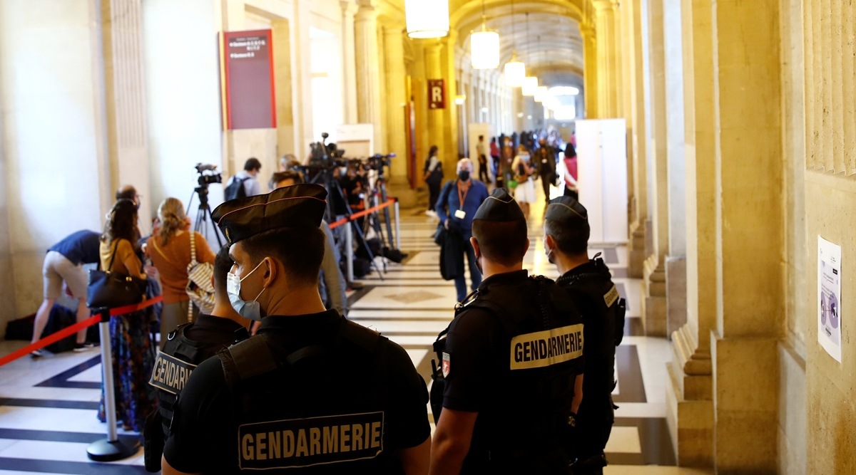 French Gendarmes stand inside the Paris courthouse on the Ile de la Cite before the start of the trial of the Paris' November 2015 attacks, in Paris, France on Sept. 8, 2021. (Reuters)