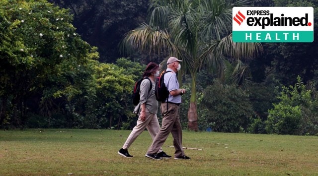 People wearing masks walk in a park in Delhi. (Express Photo: Renuka Puri, File)