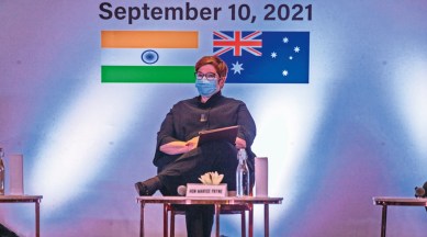 Australian Foreign Minister Marise Payne attends the third Indo-Pacific Oration in New Delhi on Friday. (Source: AP)