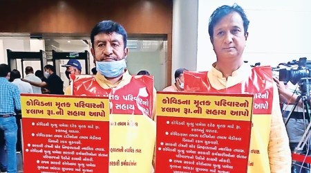 Congress MLA from Dariyapur Gyasuddin Shaikh protests outside the Vidhan Sabha on Monday. (Express photo)
