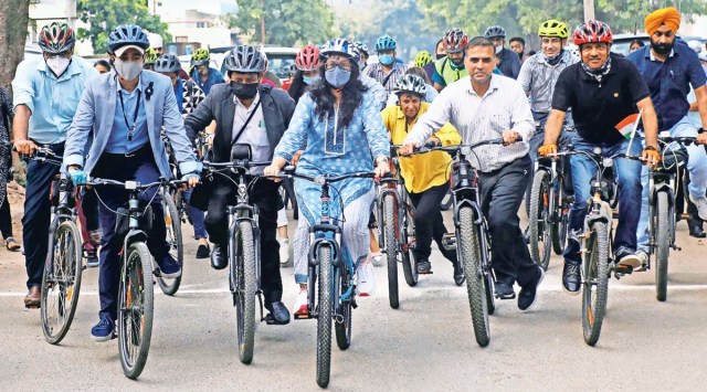 MC Commissioner Anandita Mitra along with members of Cyclegiri observe World Car Free Day during a rally in Chandigarh on Sunday morning. (Express photo)