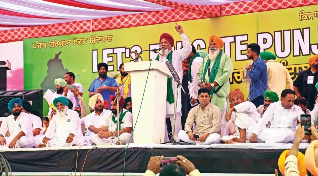 Farmer leaders Ruldu Singh Mann and Balbir Singh Rajewal at the protest rally in Mohali on Sunday. (Photo: Kamleshwar Singh)