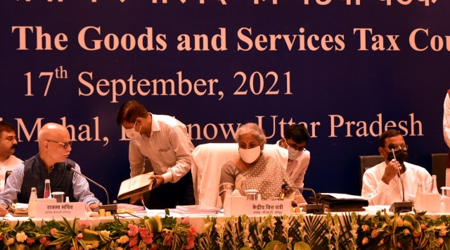 Union Finance Minister Nirmala Sitharaman at the GST Council meeting in Lucknow on Friday. (Express Photo) 