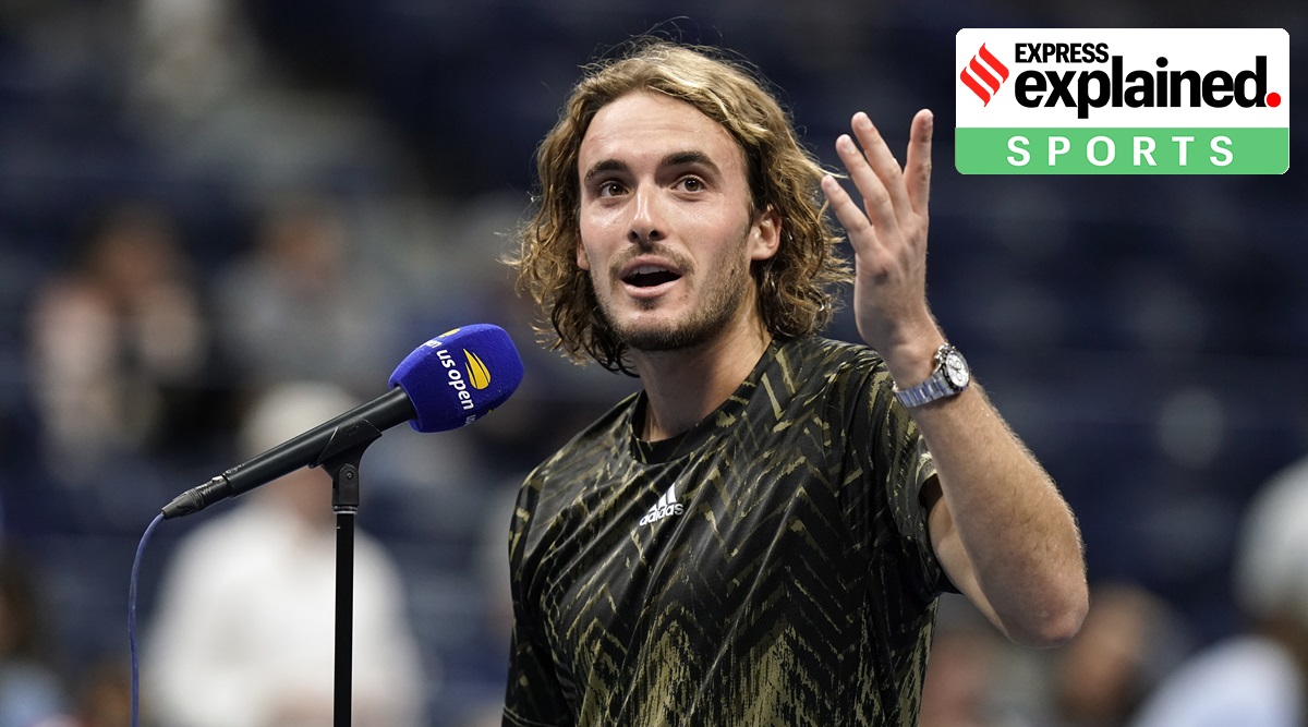 Stefanos Tsitsipas, of Greece, talks to the crowd after defeating Adrian Mannarino, of France, during the second round of the US Open tennis championships, Wednesday, Sept. 1, 2021, in New York. (AP Photo/Frank Franklin II)