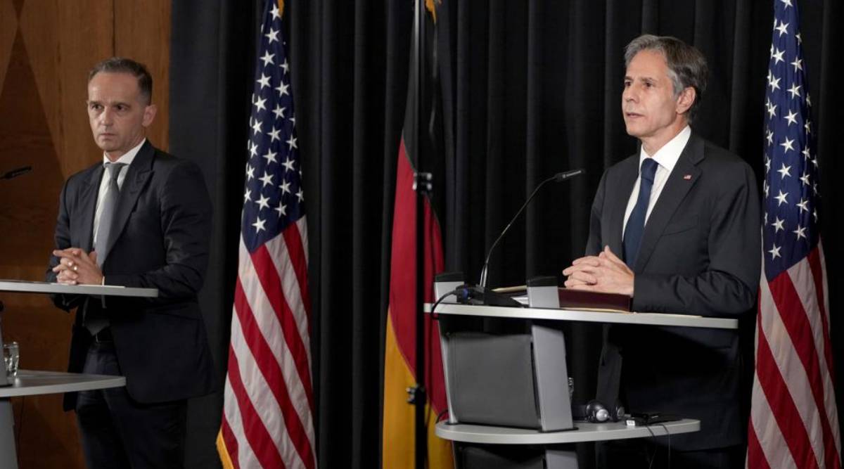 US Secretary of State, Antony Blinken, right, and German Foreign Minister Heiko Maas, left, address the media during a joint press conference after a meeting at the Ramstein U.S. Air Base in Ramstein, Germany, Wednesday, Sept. 8, 2021. The largest American military community overseas houses thousands Afghan evacuees in a tent city at the airbase. (AP Photo)