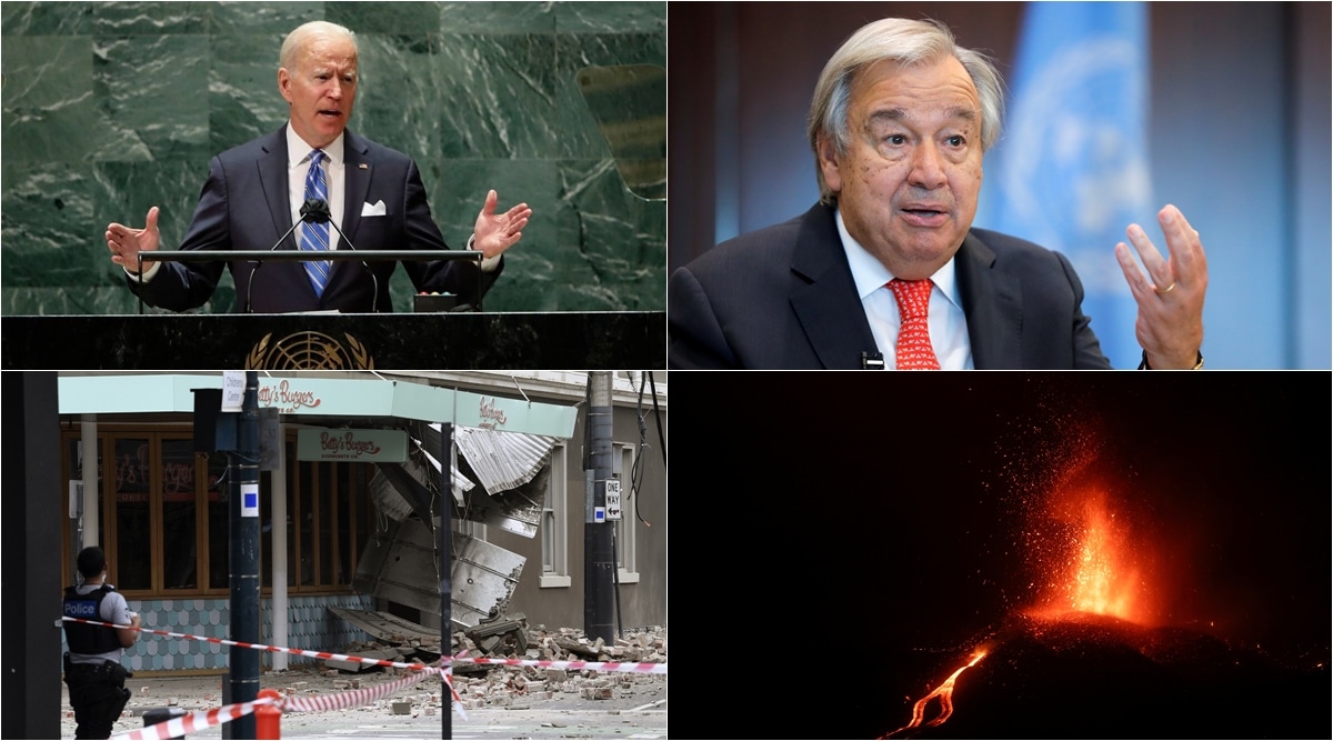 From top right, clockwise: US President Joe Biden at UNGA, UN chief António Guterres, lava flows after volcanic eruption in Spain's Island of La Palma, aftermath of an earthquake in Melbourne. (Agencies)