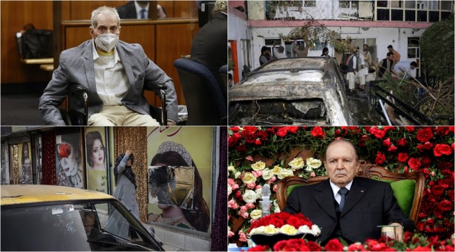 From top right, clockwise: convicted murderer Robert Durst, a car and building charred following a US drone strike in Kabul, Algeria's former President Bouteflika, and a Afghan woman walks past beauty salons with window decorations which have been defaced. (Photo via AP, Reuters)