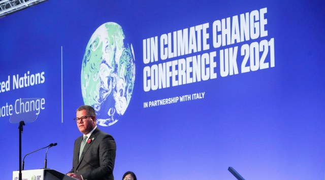 President for COP26 Alok Sharma speaks on stage as he attends the opening ceremony of the UN Climate Change Conference (COP26) at SECC in Glasgow. (Reuters)