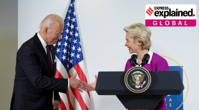 US President Joe Biden and European Commission's President Ursula von der Leyen shake hands after speaking about steel and aluminium tariffs, on the sidelines of the G20 leaders' summit. (Reuters)