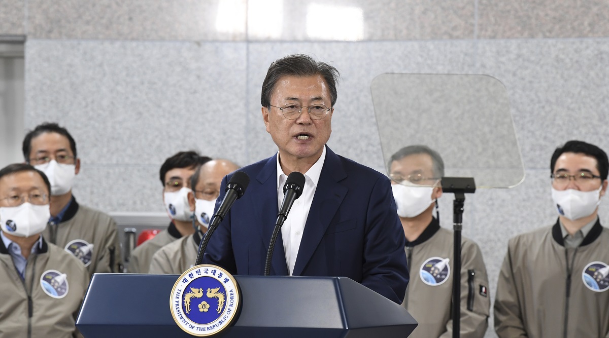 South Korean President Moon Jae-in speaks at the Naro Space Center in Goheung, South Korea, Thursday, Oct. 21, 2021. South Korea test launched its first domestically produced space rocket on Thursday in what officials describe as an important step in the country's pursuit of a satellite launch program.(Choi Jae-goo/Yonhap via AP)
