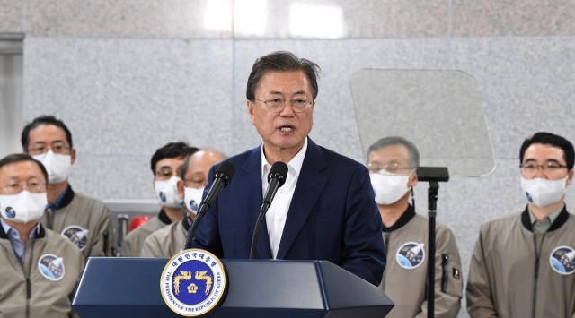 South Korean President Moon Jae-in speaks at the Naro Space Center in Goheung, South Korea, Thursday, Oct. 21, 2021. South Korea test launched its first domestically produced space rocket on Thursday in what officials describe as an important step in the country's pursuit of a satellite launch program.(Choi Jae-goo/Yonhap via AP)