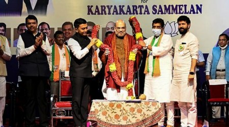 Union Home Minister Amit Shah addresses BJP workers during a meeting, at Taleigao in North Goa, Thursday, Oct. 14, 2021. (PTI Photo)
