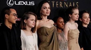 Angelina Jolie, Angelina Jolie fashion, Angelina Jolie sustainable fashion, Angelina Jolie children, Angelina Jolie old looks, Angelina Jolie red carpet, Angelina Jolie 'Eternals' premiere, indian express news