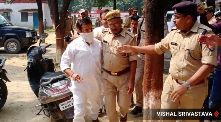 Ashish Mishra in Lakhimpur Kheri on Saturday. Mishra was arrested after being questioned for over 12 hours. (Express Photo by Vishal Srivastava)