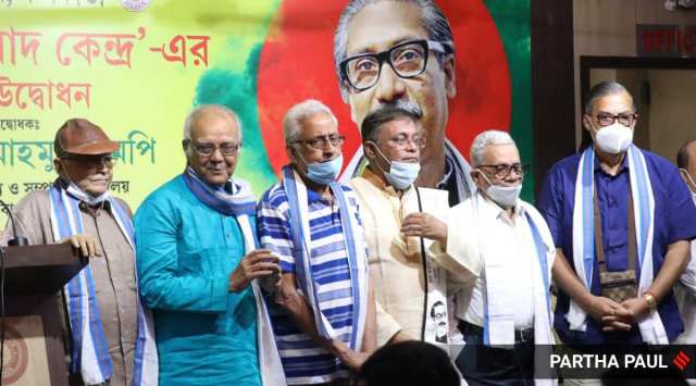 Bangladesh minister Hasan Mahmud (third from left) during an event in Kolkata on Thursday. (Express photo by Partha Paul)