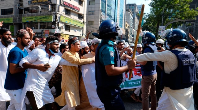 Dhaka: Police clash with Muslim devotees during a protest in Dhaka, Bangladesh, Friday, Oct. 15, 2021. (AP)