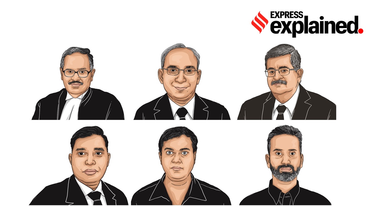 From top left, clockwise: Justice Ravendran, Alok Joshi, Sundeep Oberoi, Dr Chaudhary, Dr Gumaste and Dr Prabaharan P (Illustrations: Suvajit Dey, Sourse: Indian Express)