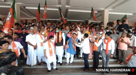 Victory celebrations at BJP headquarters in Gandhinagar. (Express photo by Nirmal Harindran)
